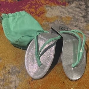 Silver and Mint Green foldable Sandals with Pouch